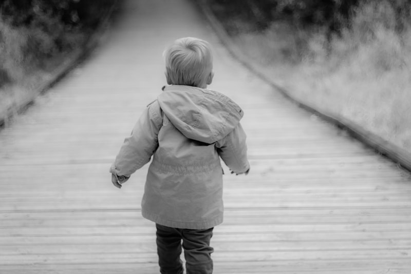 Toddler walking independently down pathway in heartwarming milestone portrait session in Madison, Wisconsin