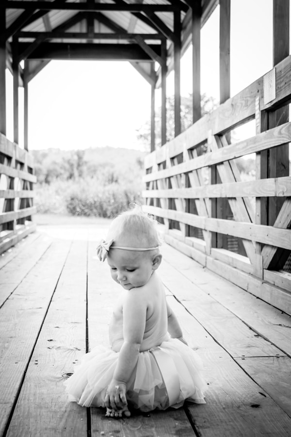 Sweet toddler in tutu sitting on wooden bridge during milestone portrait session in Madison, Wisconsin