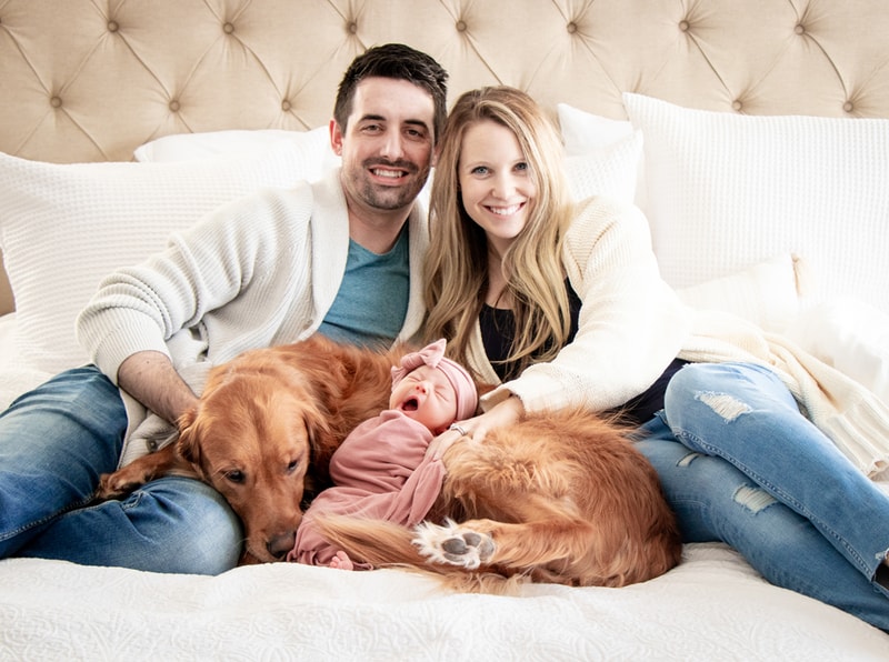 Joyful new parents with sleeping baby and golden retriever on bed, newborn photography in Madison, Wisconsin