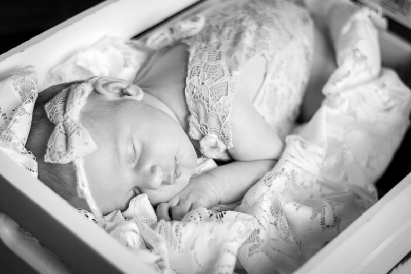 Peaceful sleeping newborn wrapped in delicate lace during intimate portrait session in Madison, Wisconsin
